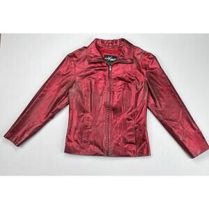 Maxima by Wilson's Metallic Red Leather Jacket Y2K DISTRESSED Glam Grunge Medium